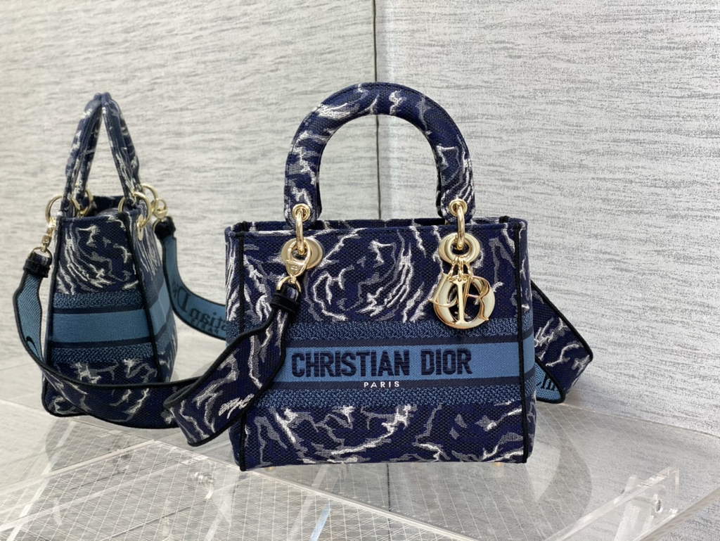 Dior M0565 Medium Lady D-Life Bag Blue Brocart Denim-Effect - Default Title - View 1