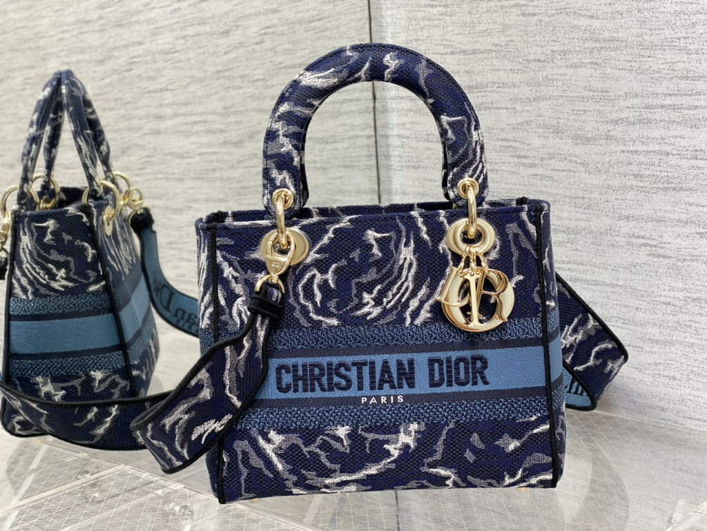 Dior M0565 Medium Lady D-Life Bag Blue Brocart Denim-Effect - Default Title - View 2