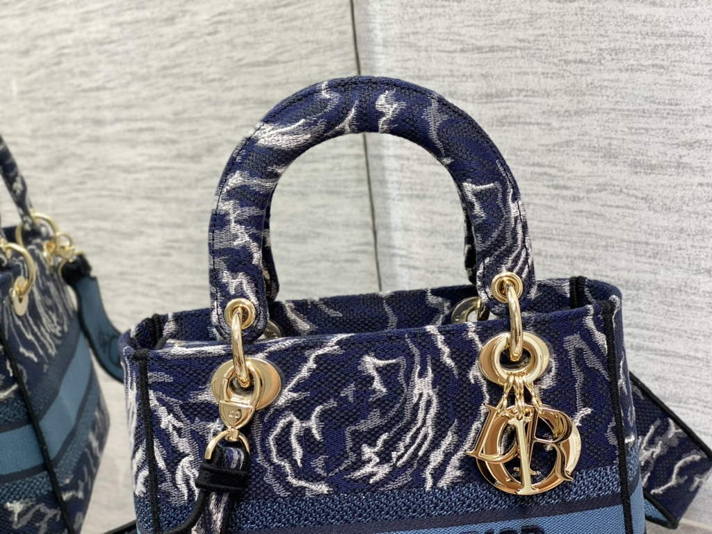 Dior M0565 Medium Lady D-Life Bag Blue Brocart Denim-Effect - Default Title - View 3
