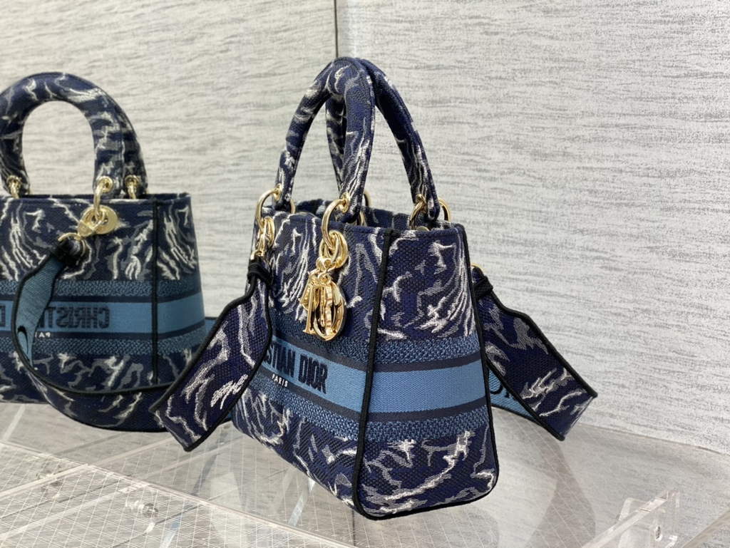 Dior M0565 Medium Lady D-Life Bag Blue Brocart Denim-Effect - Default Title - View 5