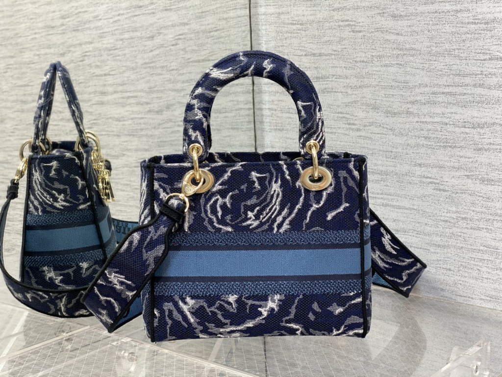 Dior M0565 Medium Lady D-Life Bag Blue Brocart Denim-Effect - Default Title - View 6