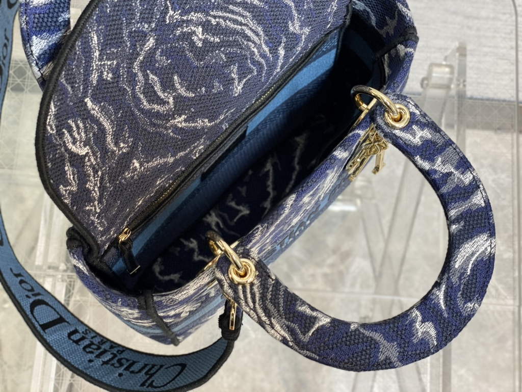 Dior M0565 Medium Lady D-Life Bag Blue Brocart Denim-Effect - Default Title - View 8