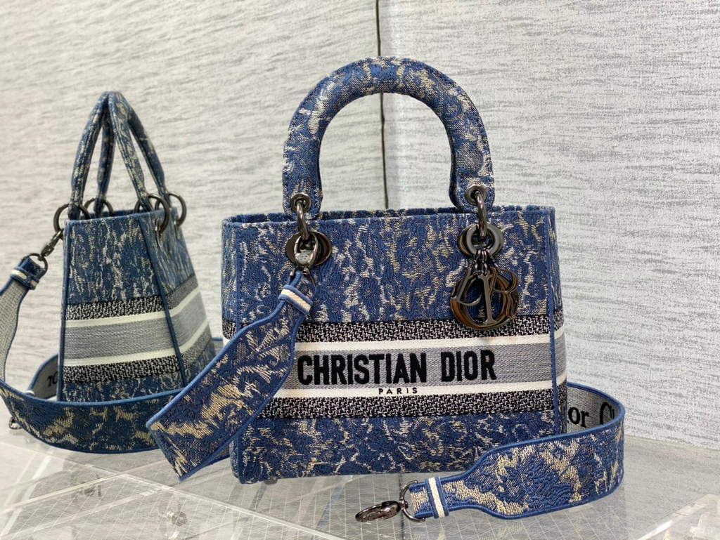 Dior M0565 Medium Lady D-Life Bag Blue Brocart Denim-Effect Embroidery - Default Title - View 2