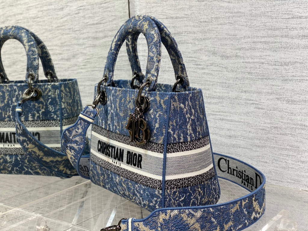 Dior M0565 Medium Lady D-Life Bag Blue Brocart Denim-Effect Embroidery - Default Title - View 5