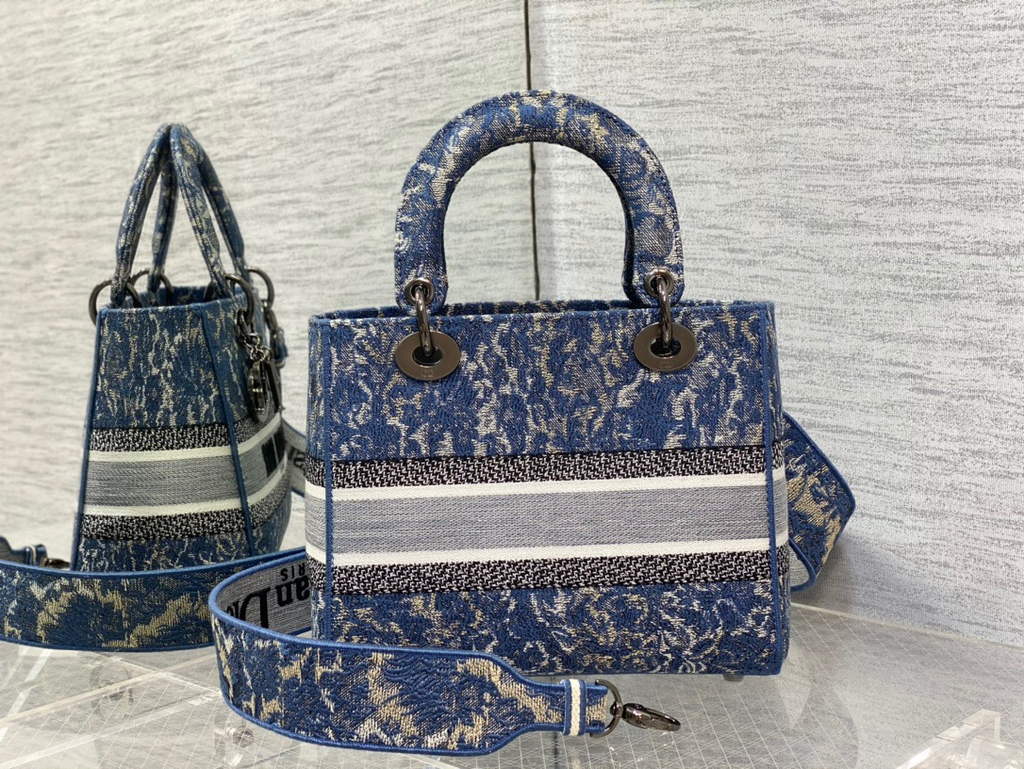 Dior M0565 Medium Lady D-Life Bag Blue Brocart Denim-Effect Embroidery - Default Title - View 6