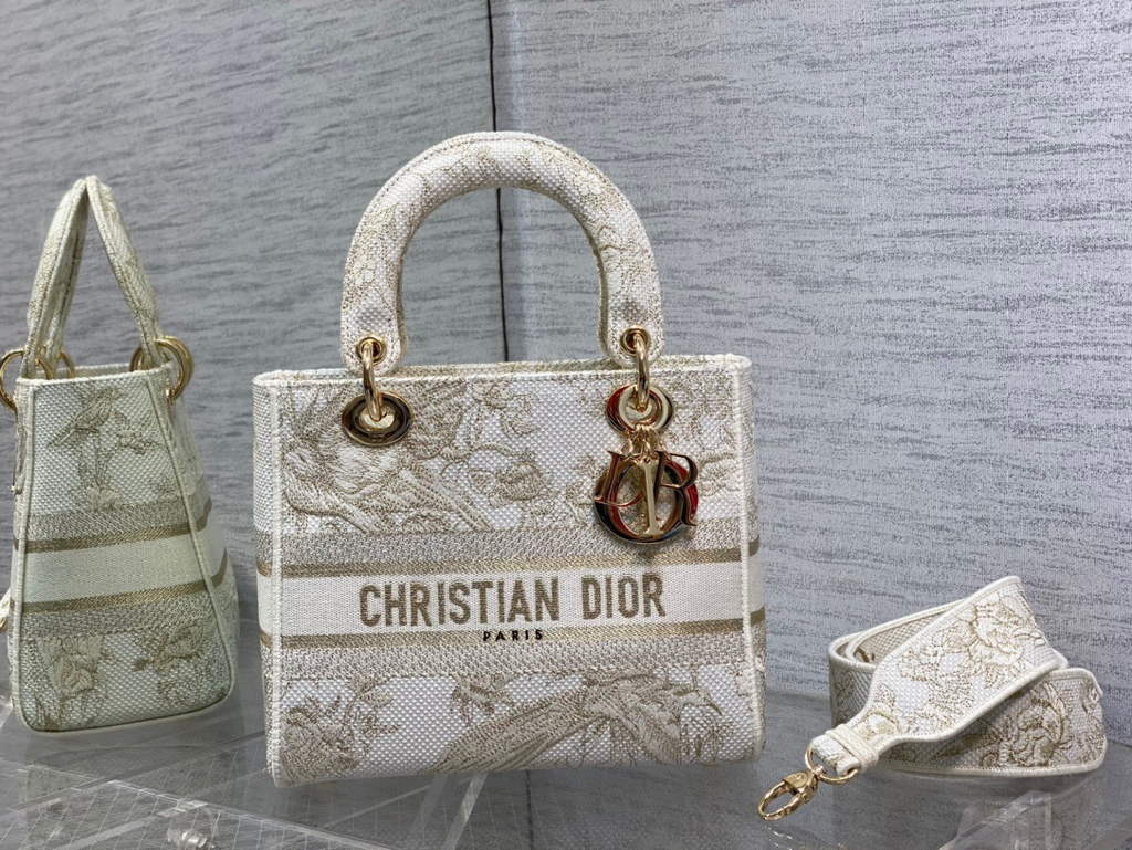 Dior M0565 Medium Lady D-Life Bag White Multicolor Cotton with Velvet - Default Title - View 2