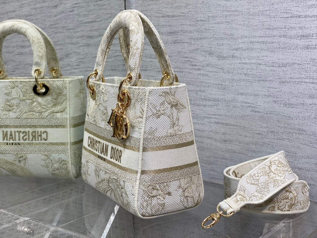 Dior M0565 Medium Lady D-Life Bag White Multicolor Cotton with Velvet - Default Title - View 6