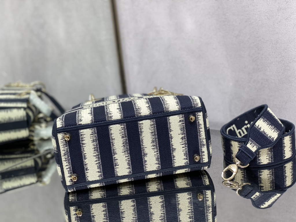 Dior M0565 Medium Lady D-Lite Bag Blue D-Stripes Embroidery - Default Title - View 9