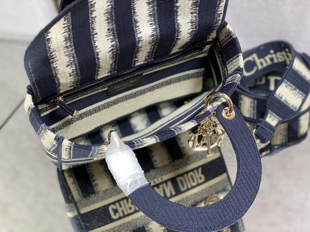 Dior M0565 Medium Lady D-Lite Bag Blue D-Stripes Embroidery - Default Title - View 10