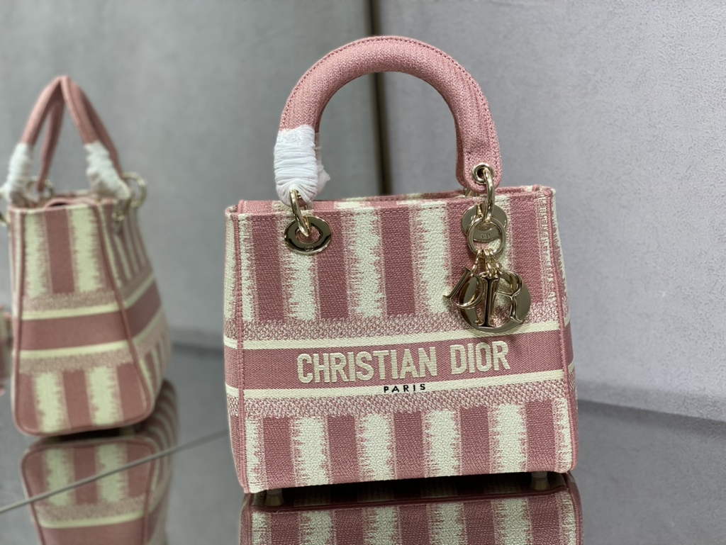 Dior M0565 Medium Lady D-Lite Bag Pink D-Stripes Embroidery - Default Title - View 1