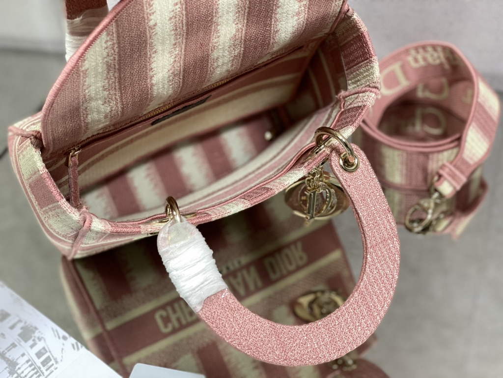 Dior M0565 Medium Lady D-Lite Bag Pink D-Stripes Embroidery - Default Title - View 9