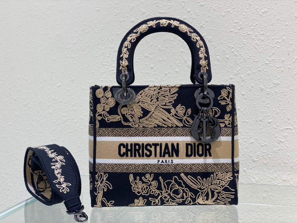 Dior M0565 Medium Lady D-Lite Bag de Jouy Zodiac Embroidery Black - Default Title - View 1