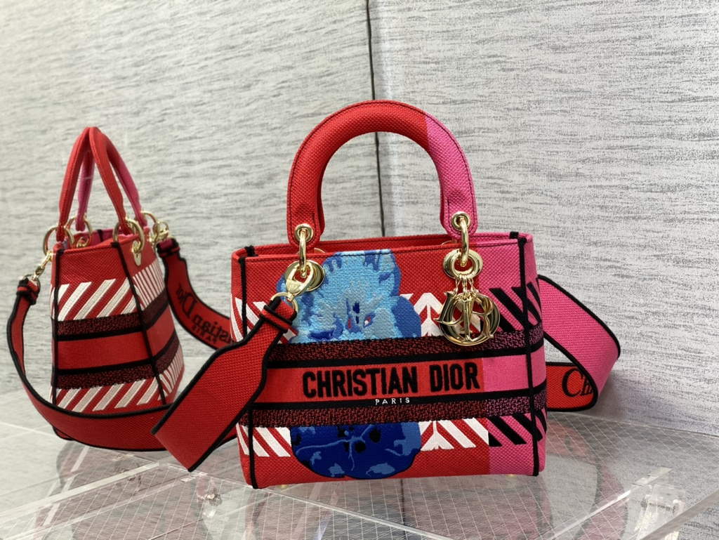 Dior M0565 Medium Lady D-Lite Bag Embroidery Red - Default Title - View 1