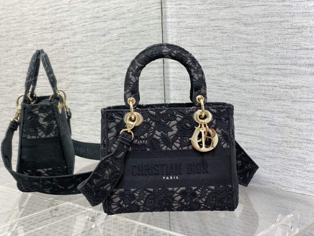 Dior M0565 Medium Lady D-Lite Bag lace Embroidery Black - Default Title - View 1