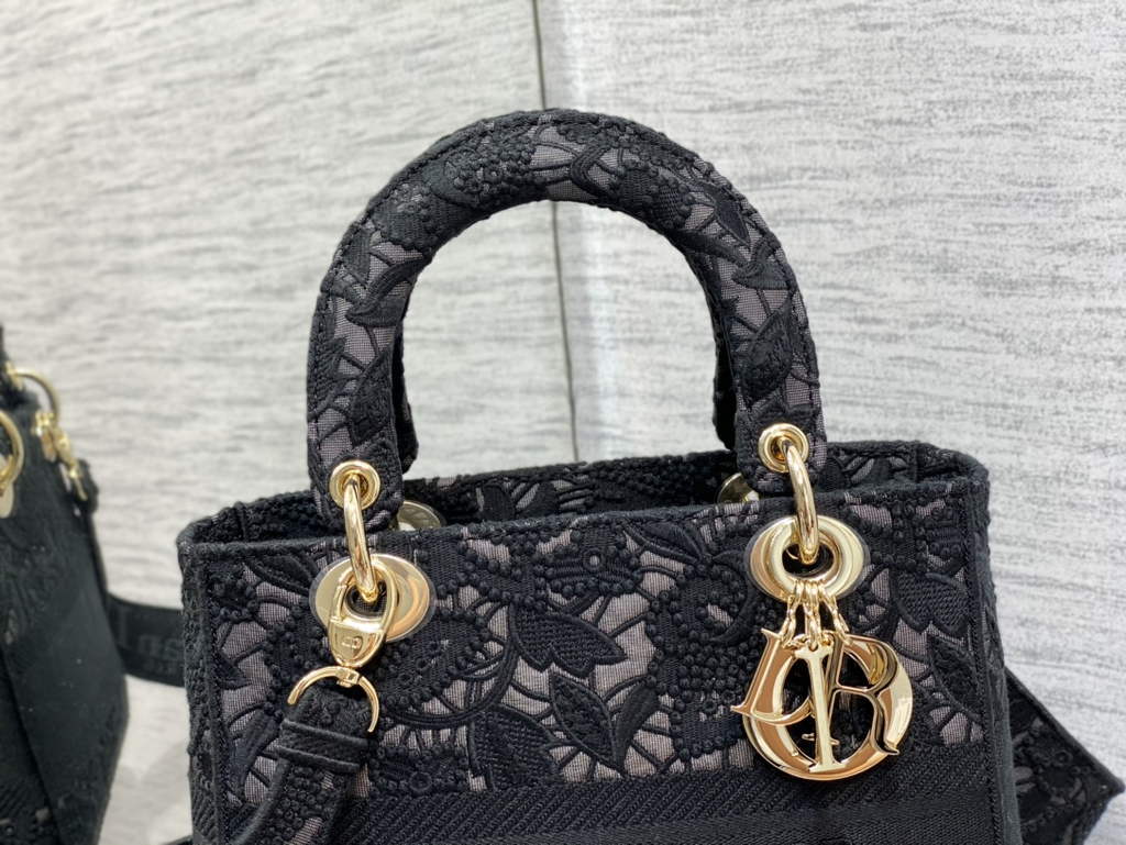 Dior M0565 Medium Lady D-Lite Bag lace Embroidery Black - Default Title - View 3