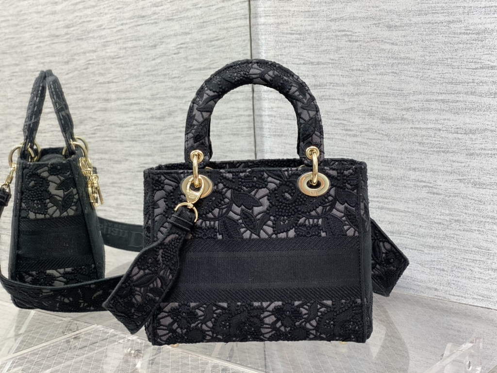 Dior M0565 Medium Lady D-Lite Bag lace Embroidery Black - Default Title - View 6