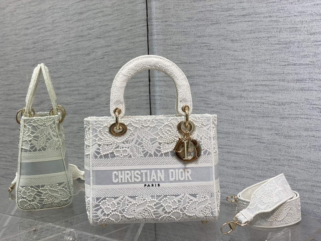 Dior M0565 Medium Lady D-Lite Bag lace Embroidery White - Default Title - View 1