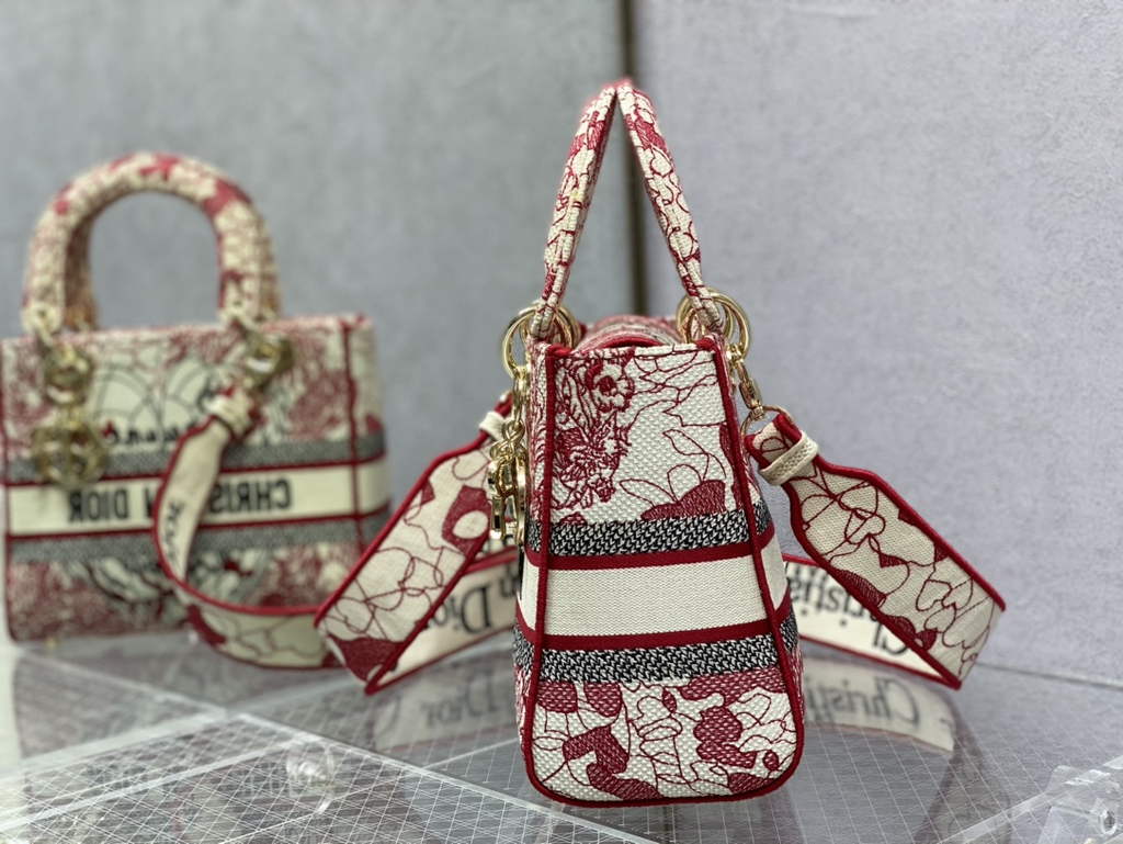 Dior M0565 Medium Lady D-Lite Bag Multicolor Embroidery Red - Default Title - View 5