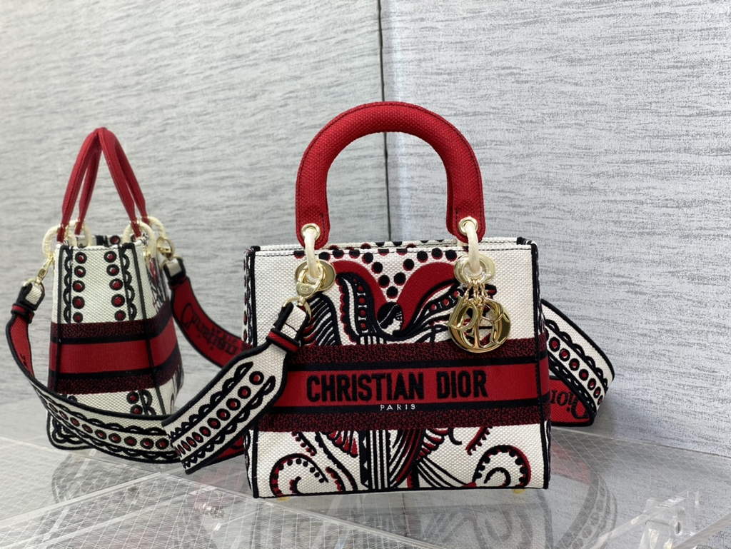 Dior M0565 Medium Lady D-Lite Bag Multicolor Embroidery Red - Default Title - View 1