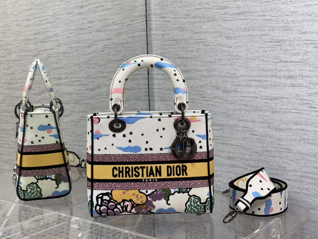 Dior M0565 Medium Lady D-Lite Bag Multicolor Embroidery White - Default Title - View 1