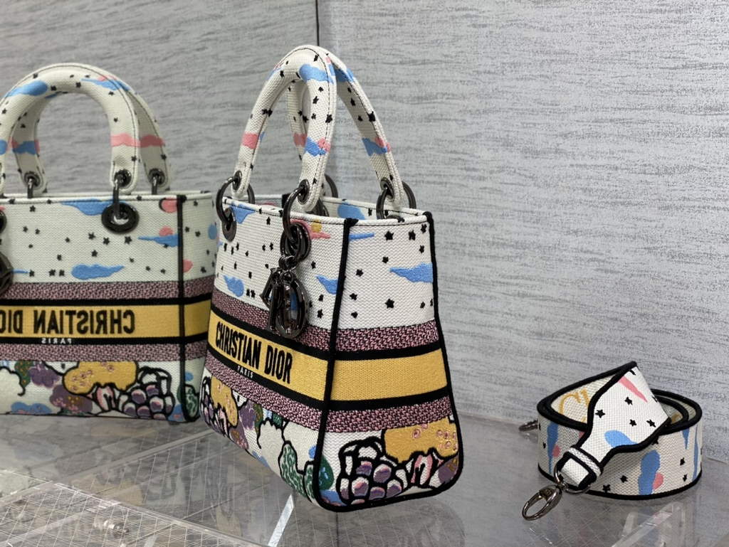 Dior M0565 Medium Lady D-Lite Bag Multicolor Embroidery White - Default Title - View 5