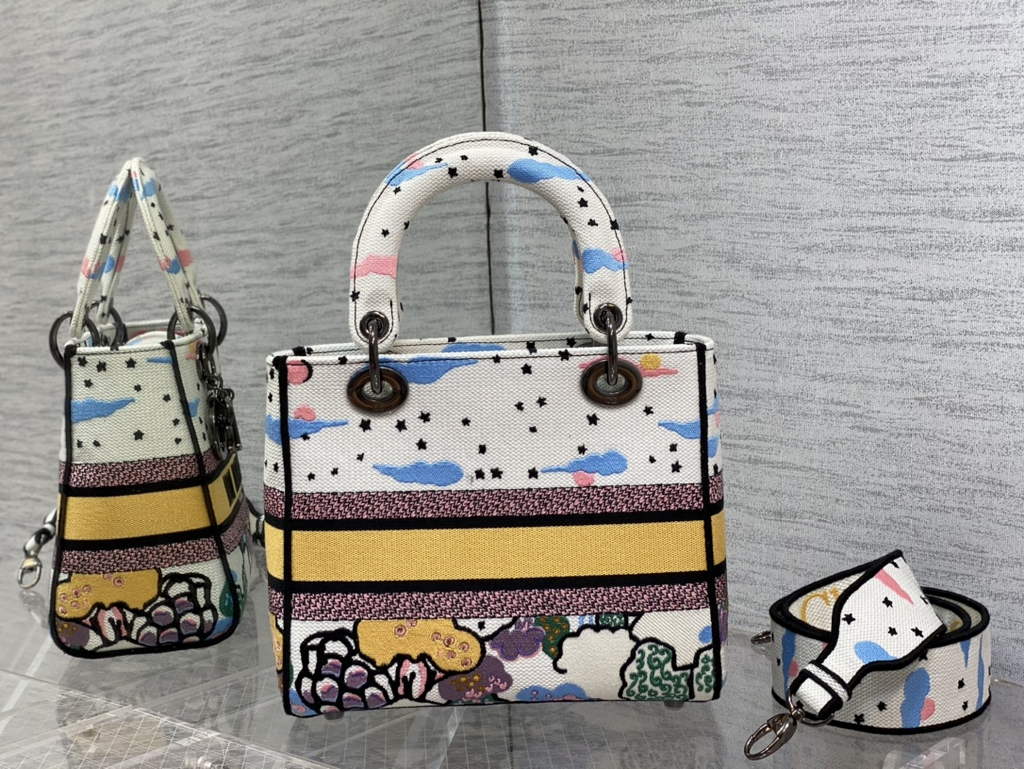 Dior M0565 Medium Lady D-Lite Bag Multicolor Embroidery White - Default Title - View 6