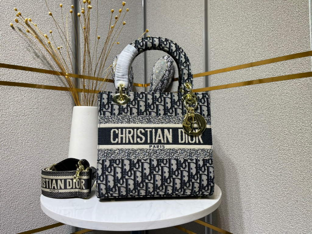 Dior M0565 Medium Lady D-Lite Bag Multicolor Embroidery Navy Blue - Default Title - View 1
