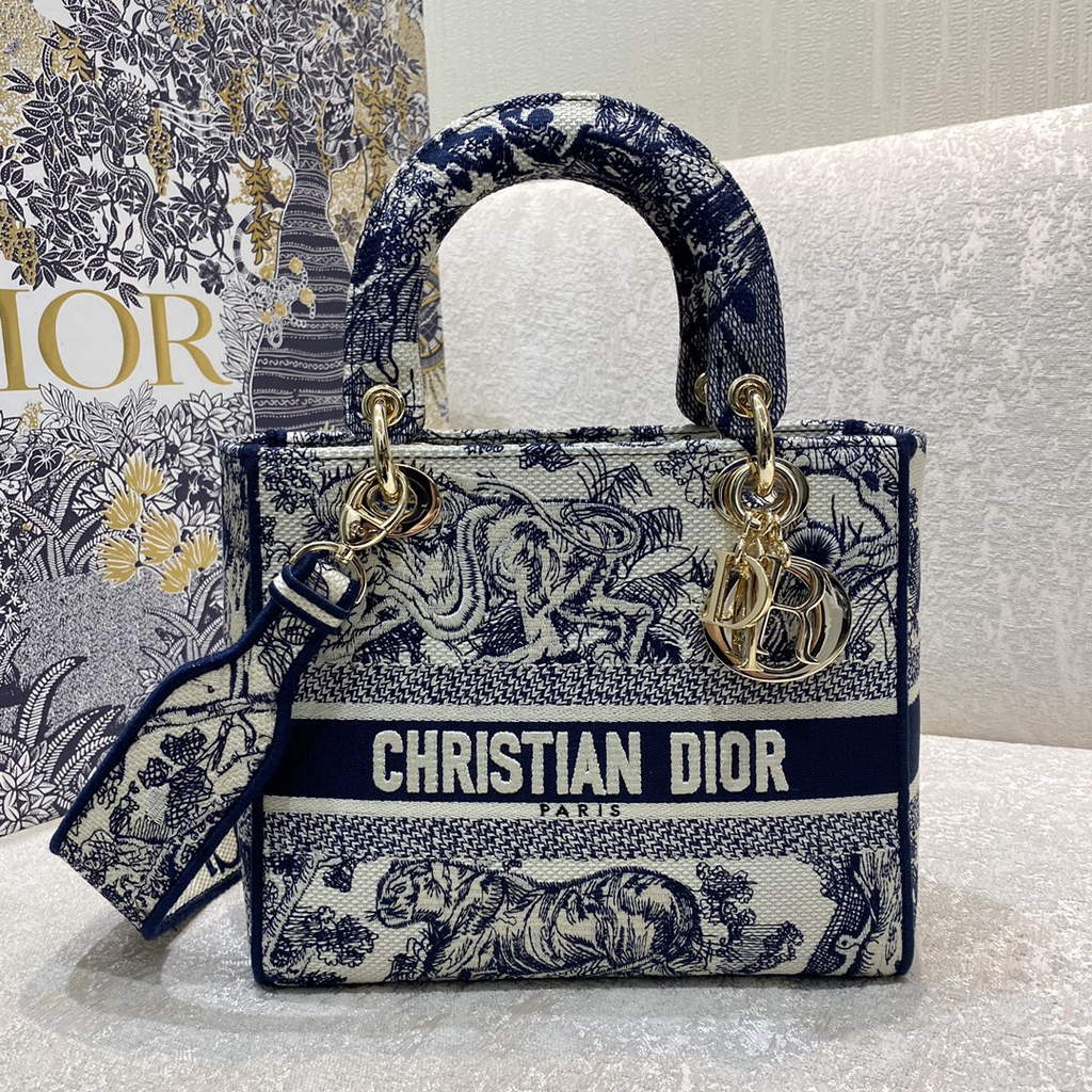 Dior M0565 Medium Lady D-Lite Bag Toile de Jouy Navy Blue - Default Title - View 1