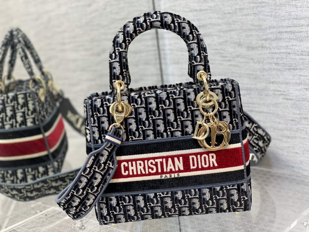 Dior M0565 Medium Lady D-Lite Bag velvet Embroidery Navy Blue - Default Title - View 2
