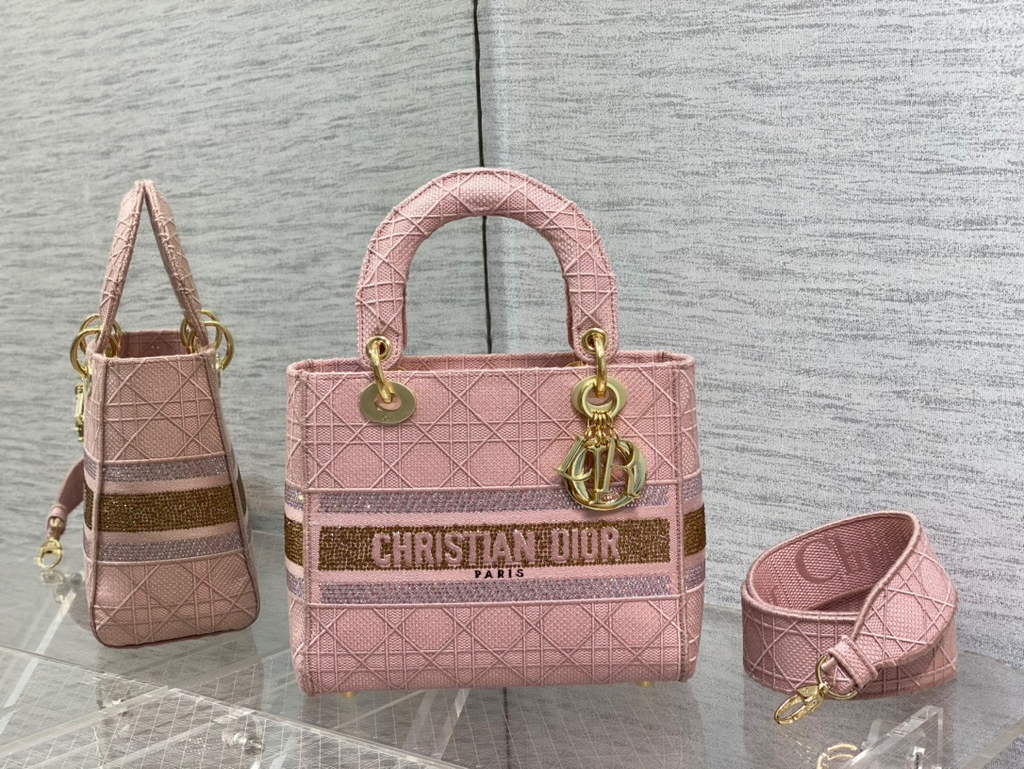 Dior M0565 Medium Lady D-Lite Bag wood Cannage Pink - Default Title - View 1