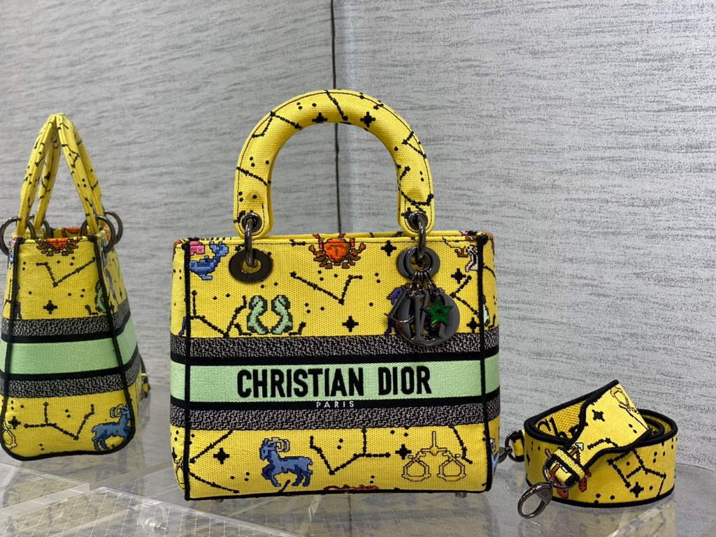 Dior M0565 Medium Lady D-Lite Bag Zodiac Embroidery Yellow - Default Title - View 1