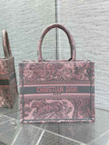 Dior Small Book Tote M1265 Gray and Pink Toile de Jouy Embroidery