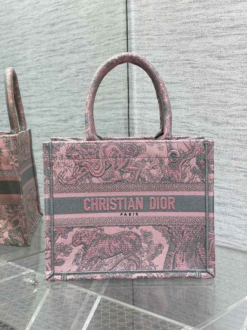 Dior Small Book Tote M1265 Gray and Pink Toile de Jouy Embroidery