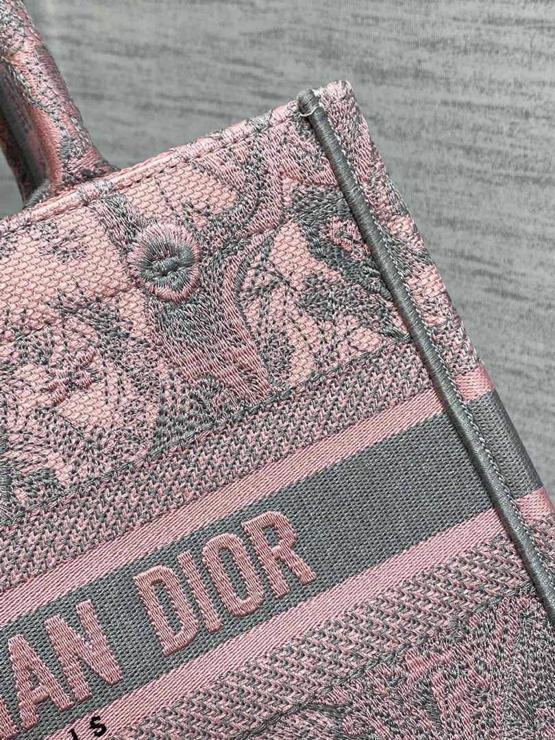 Dior Small Book Tote M1265 Gray and Pink Toile de Jouy Embroidery
