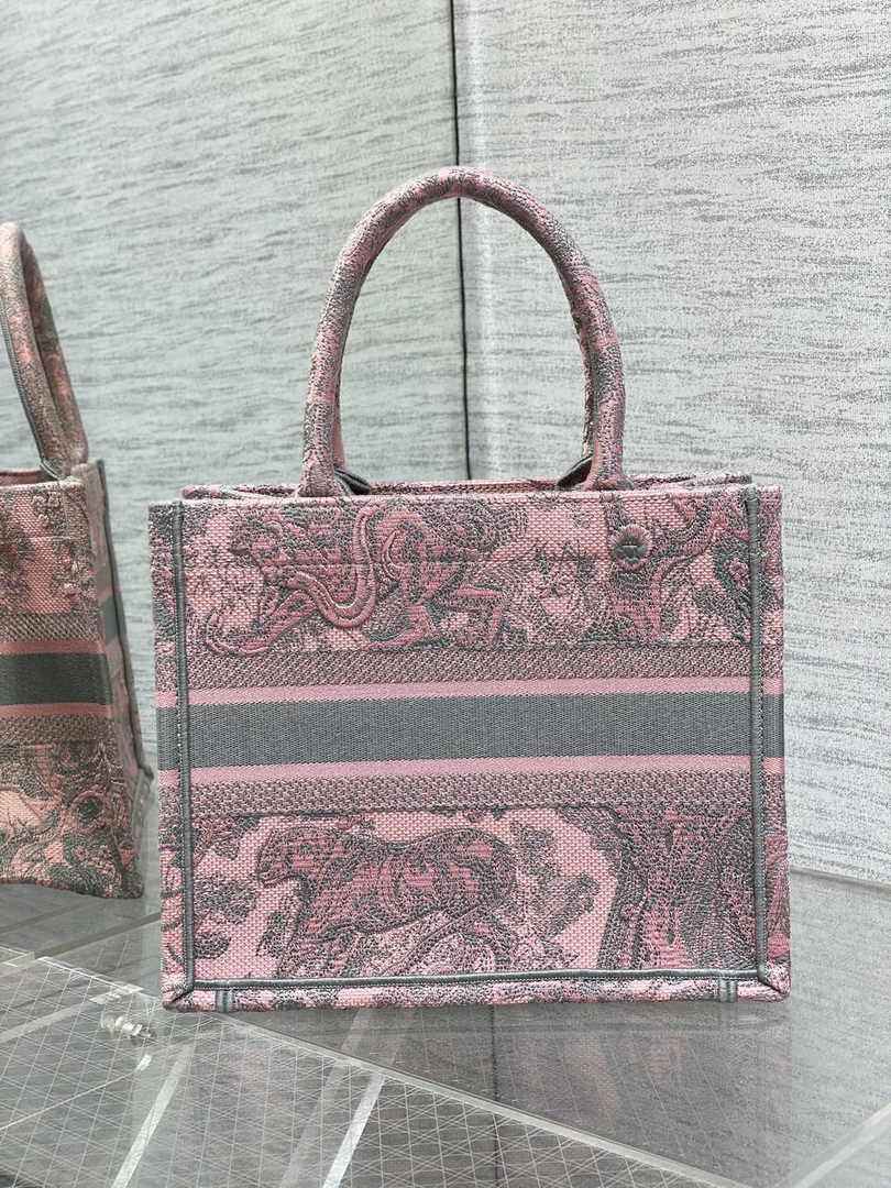 Dior Small Book Tote M1265 Gray and Pink Toile de Jouy Embroidery