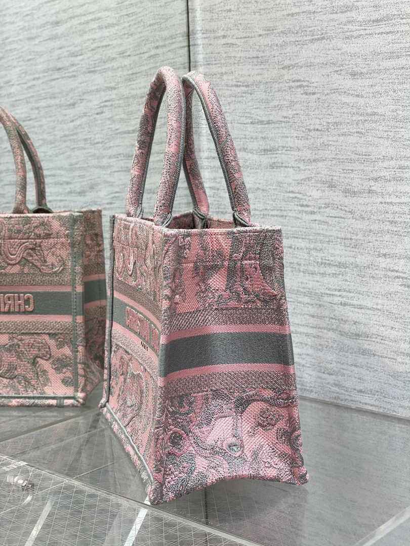 Dior Small Book Tote M1265 Gray and Pink Toile de Jouy Embroidery