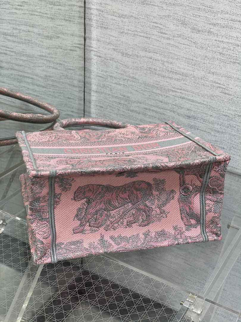 Dior Small Book Tote M1265 Gray and Pink Toile de Jouy Embroidery