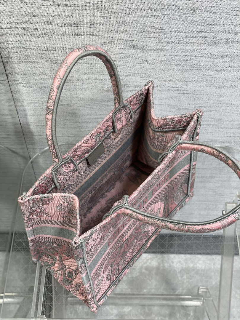 Dior Small Book Tote M1265 Gray and Pink Toile de Jouy Embroidery