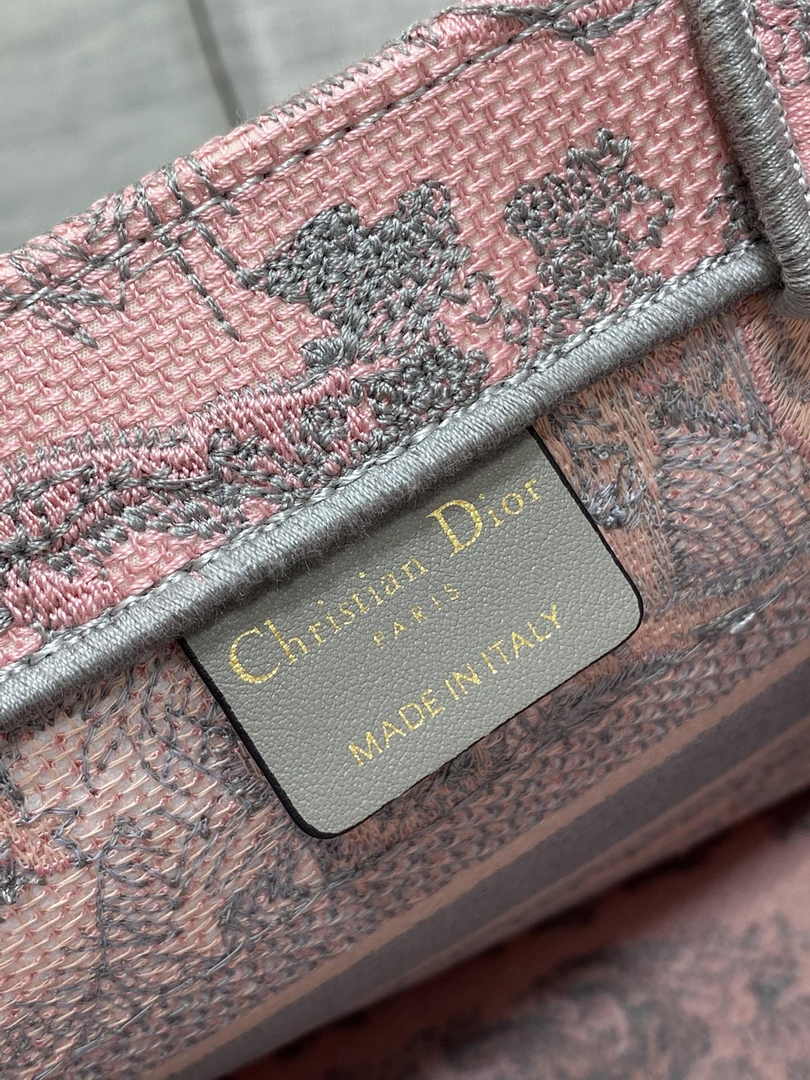 Dior Small Book Tote M1265 Gray and Pink Toile de Jouy Embroidery