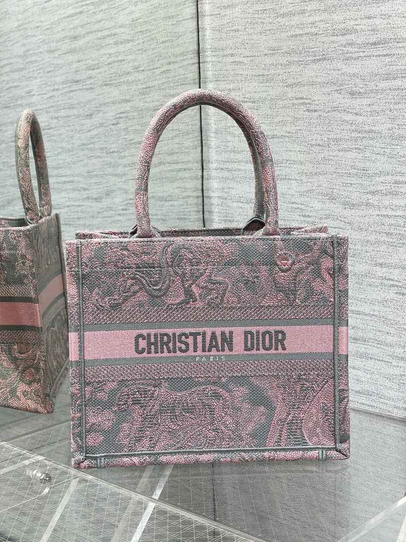 Dior Small Book Tote M1265 Pink and Gray Toile de Jouy Embroidery