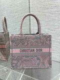 Dior Small Book Tote M1265 Pink and Gray Toile de Jouy Embroidery