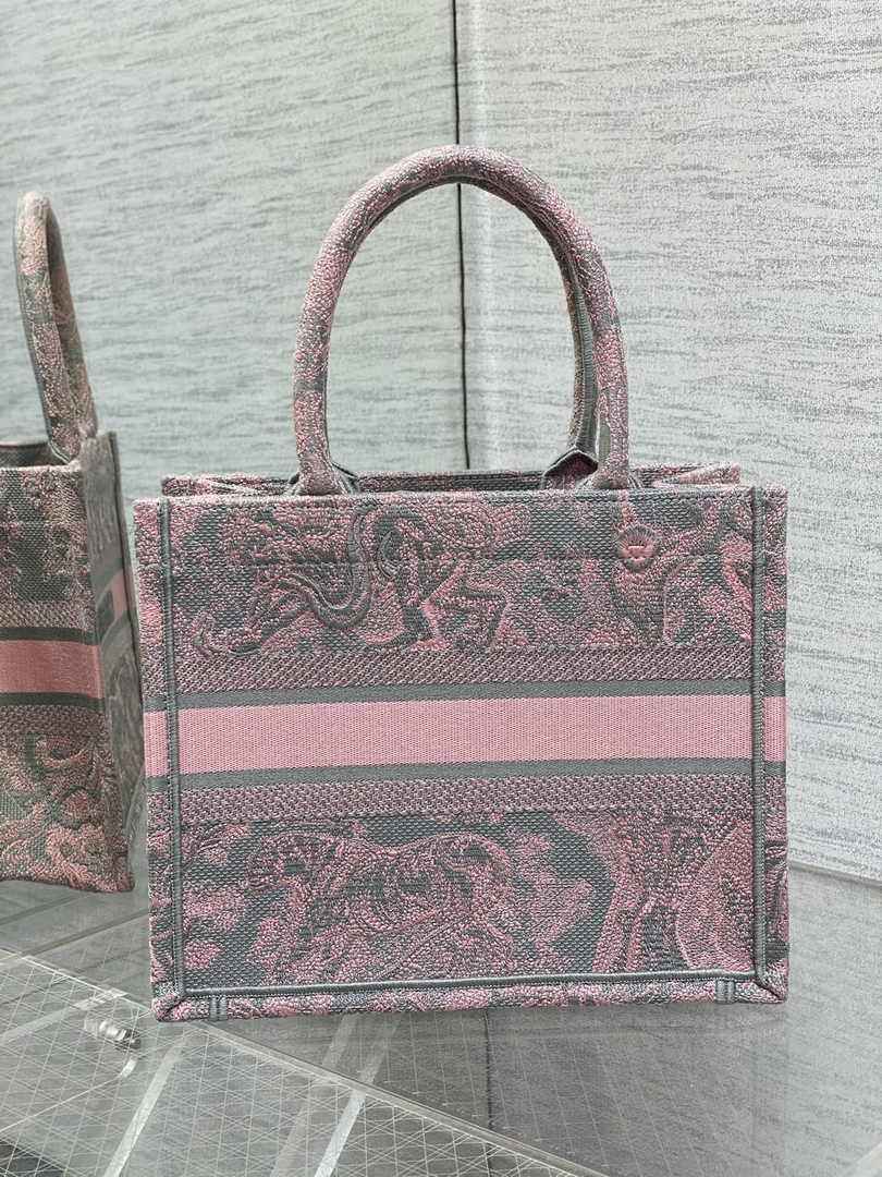 Dior Small Book Tote M1265 Pink and Gray Toile de Jouy Embroidery