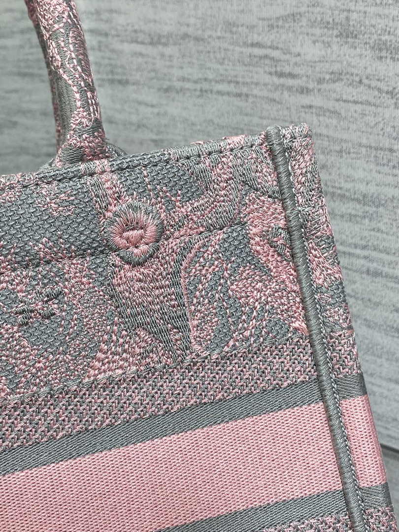 Dior Small Book Tote M1265 Pink and Gray Toile de Jouy Embroidery