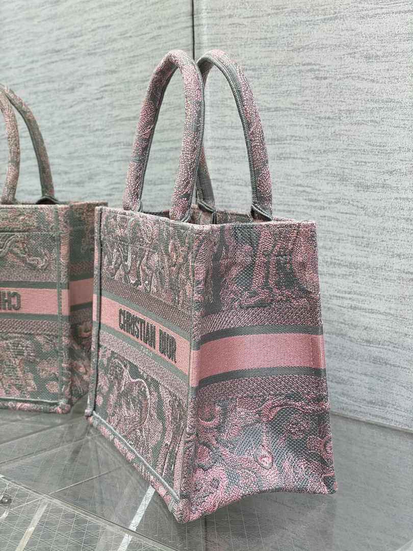 Dior Small Book Tote M1265 Pink and Gray Toile de Jouy Embroidery