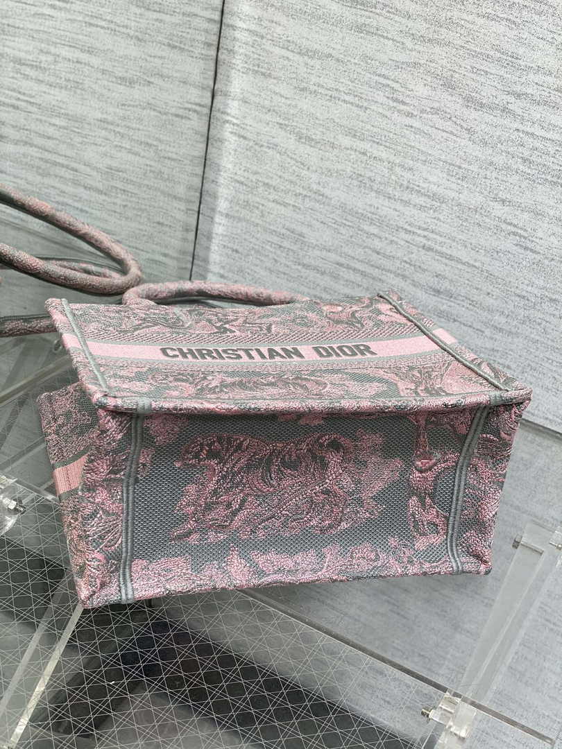 Dior Small Book Tote M1265 Pink and Gray Toile de Jouy Embroidery