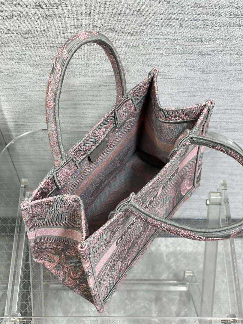 Dior Small Book Tote M1265 Pink and Gray Toile de Jouy Embroidery