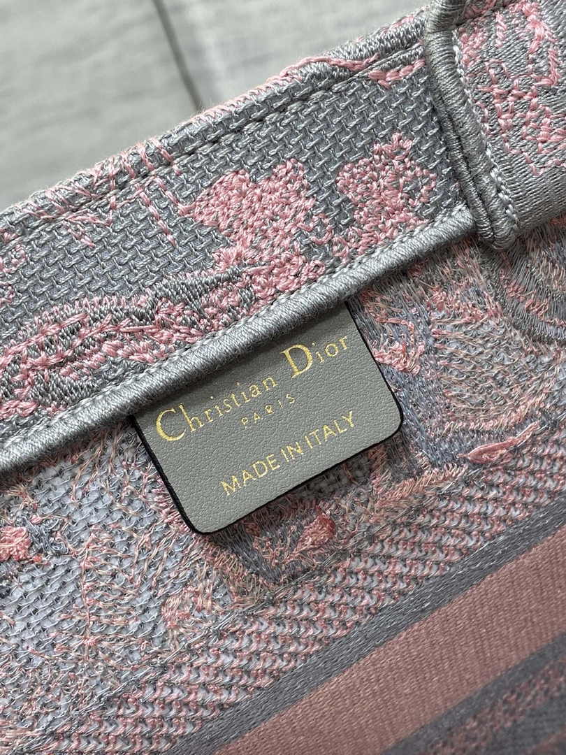 Dior Small Book Tote M1265 Pink and Gray Toile de Jouy Embroidery
