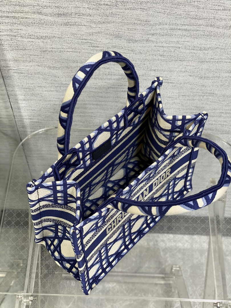 Dior Small Book Tote M1265 Beige and Blue Macrocannage Embroidery