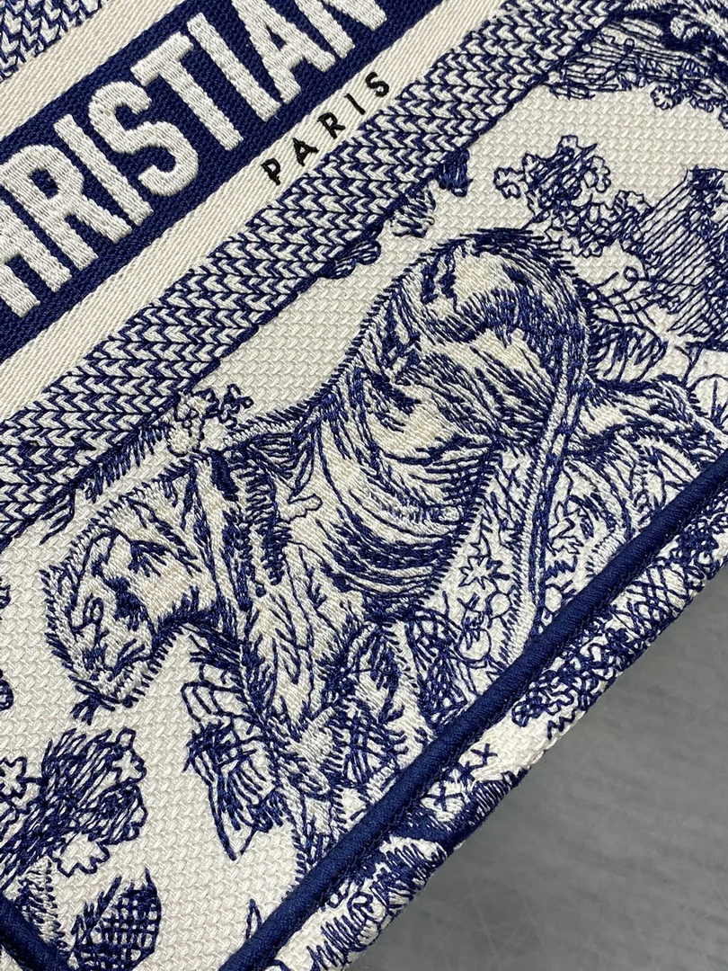 Dior Small Book Tote M1265 Ecru and Blue Toile de Jouy Embroidery