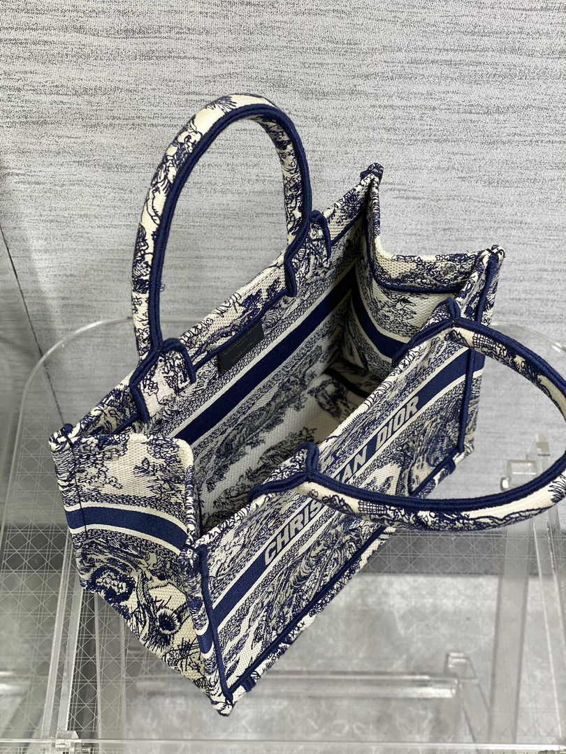 Dior Small Book Tote M1265 Ecru and Blue Toile de Jouy Embroidery